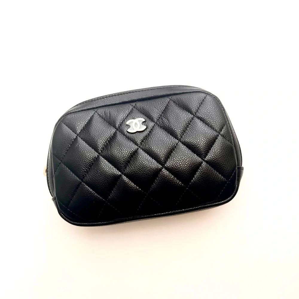 CHANEL Black Quilted Leather Cosmetic Pouch with Gold CC Logo